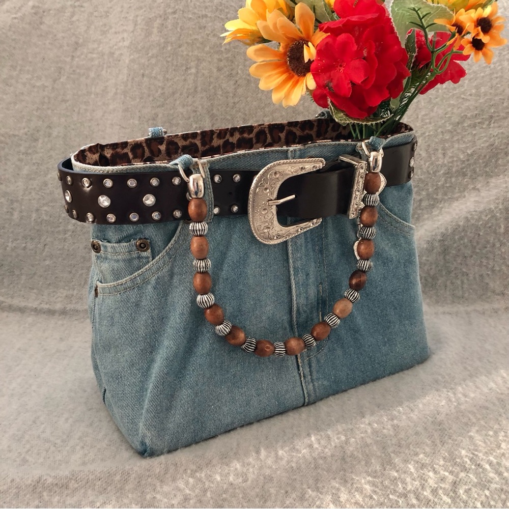NWOT - Faded Blue Denim Jeans Purse with Rhinestone-Adorned Belt